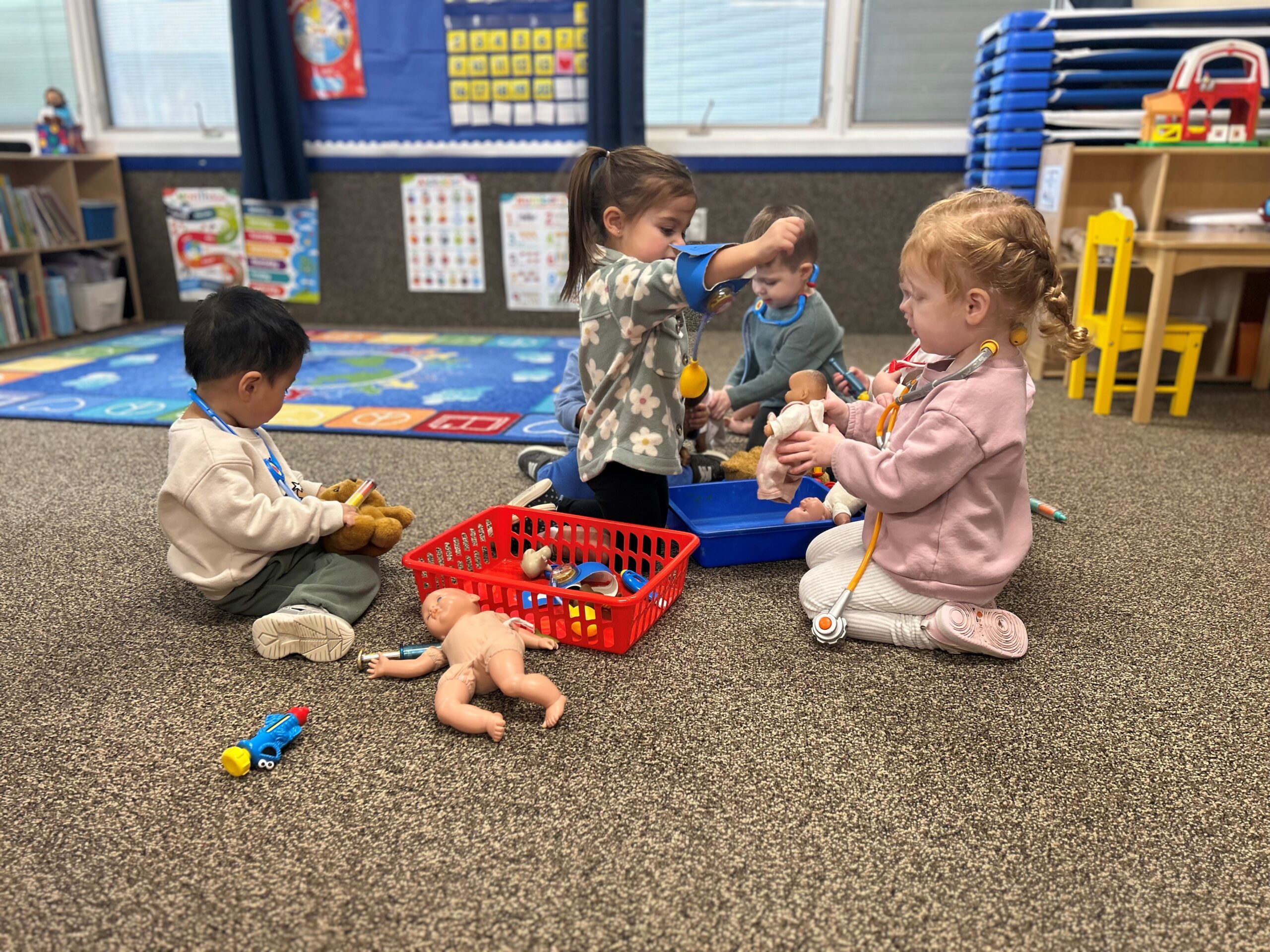 Play based learning three men and laughing two women walking side by side